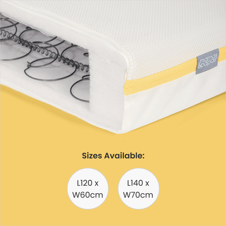 Inside of Mamas & Papas Essential Spring baby mattress, available in sizes 120x60cm and 140x70cm.