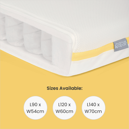 Inside of Mamas & Papas Essential Pocket Spring baby mattress, available in sizes 90x54cm, 120x60cm and 140x70cm.
