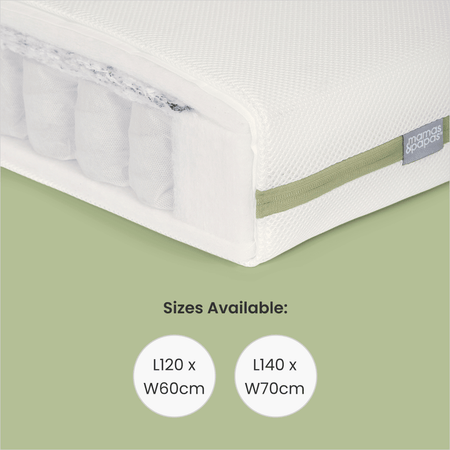 Inside of Mamas & Papas Premium Pocket Spring baby mattress, available in sizes 120x60cm and 140x70cm.