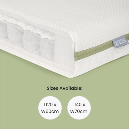 Inside of Mamas & Papas Premium Micro-Motion baby mattress, available in sizes 120x60cm and 140x70cm.