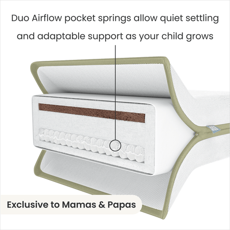 Mamas and Papas mattress with duo airflow pocket springs for quiet settlng and adaptable support as your child grows.