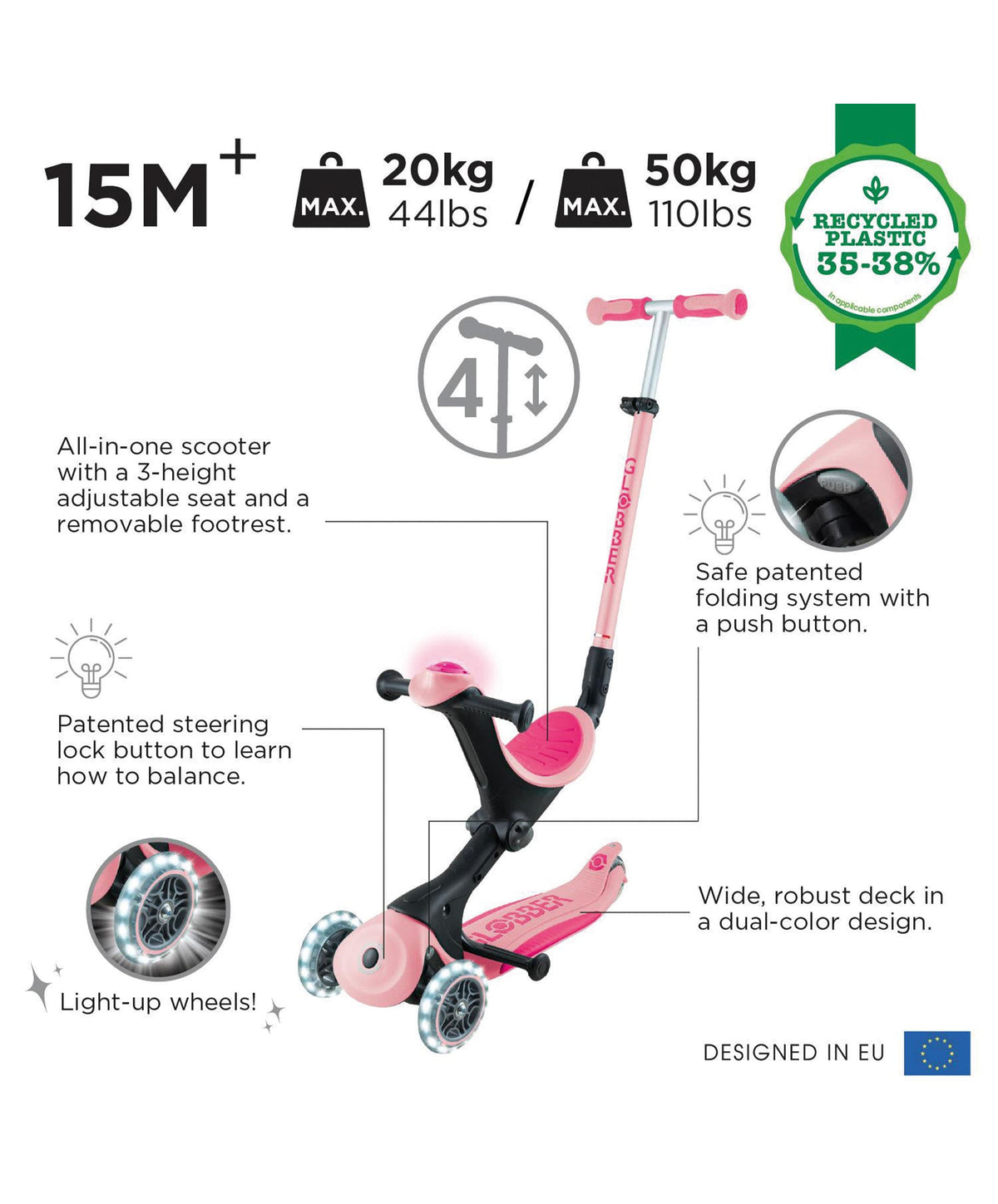 Globber Ride on Toy Globber Go Up Deluxe Lights - Pastel Pink