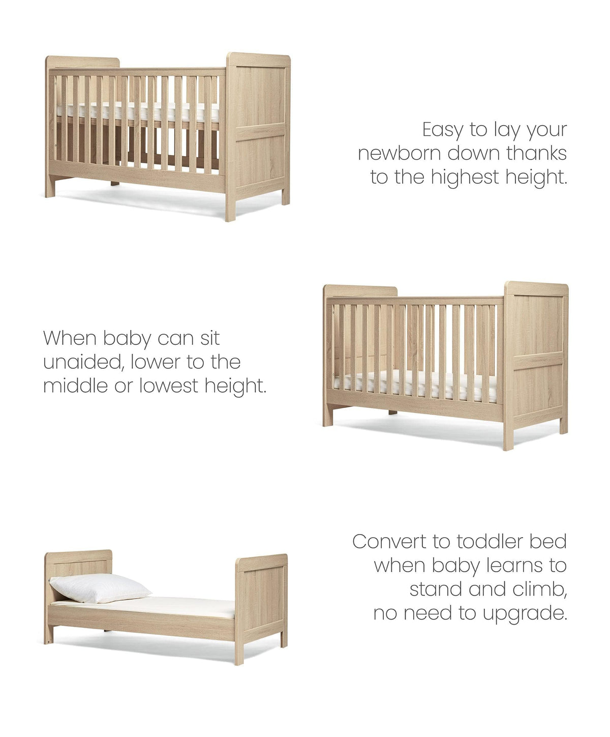 Mamas & Papas Atlas Nursery Furniture Set & Essential Airflow Pocket Spring Cotbed Mattress Bundle - Light Oak