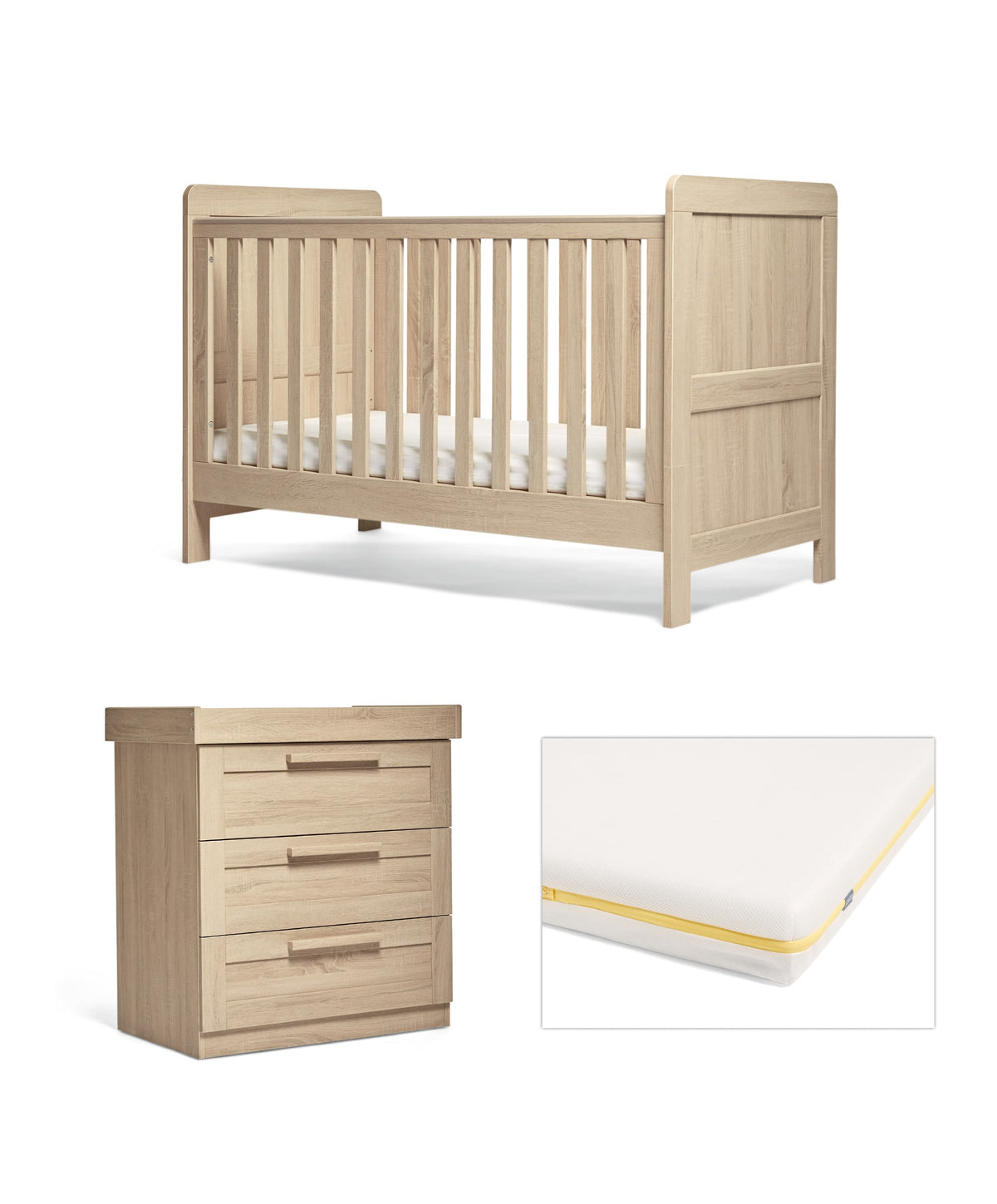 Mamas & Papas Atlas Nursery Furniture Set & Essential Airflow Pocket Spring Cotbed Mattress Bundle - Light Oak