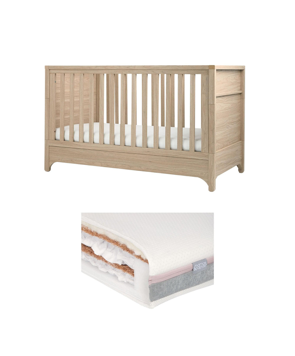 Mamas & Papas Furniture Sets Barton Cotbed With Luxury Hybrid Twin Cotbed Mattress Bundle - Natural/Oak