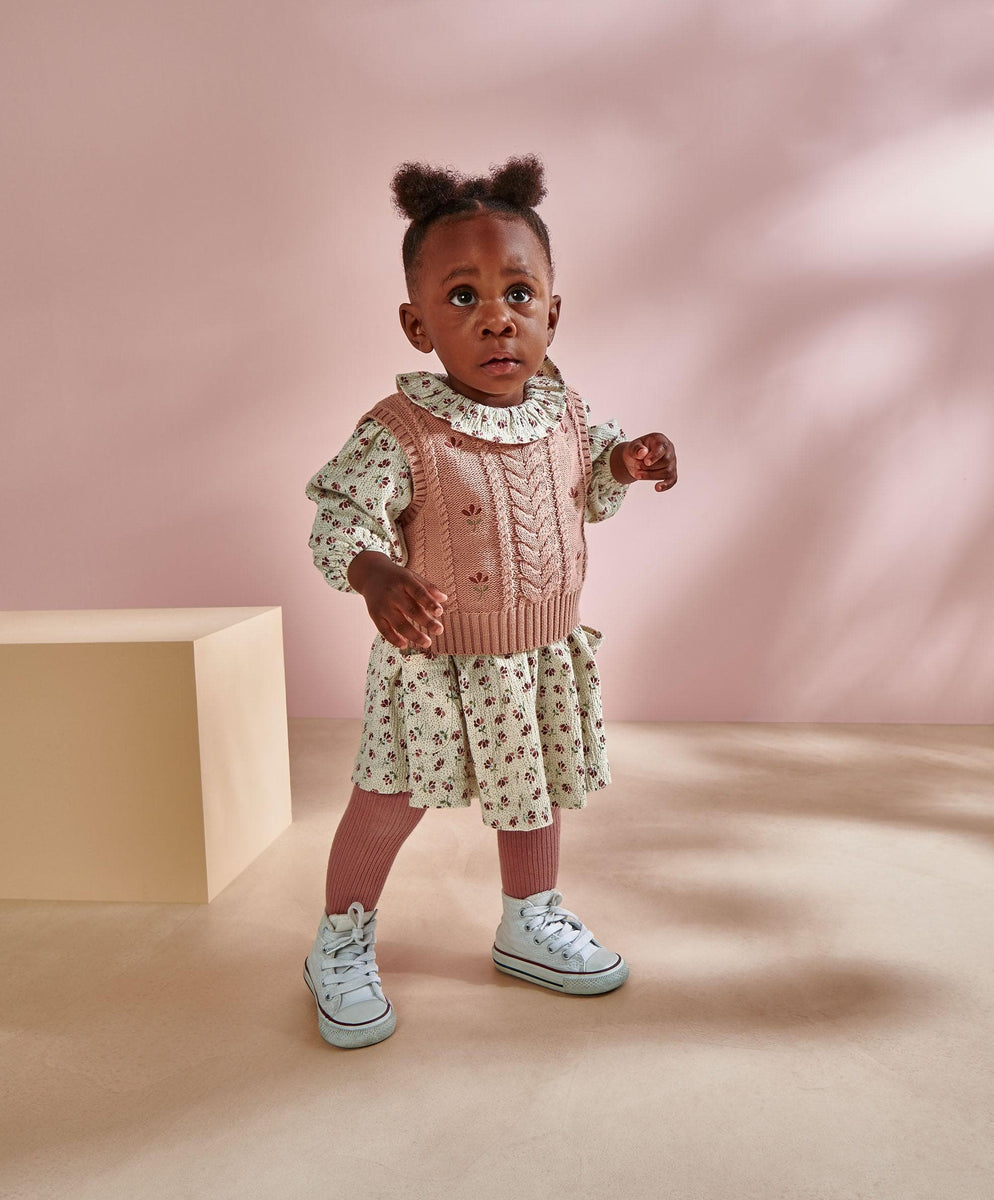 Floral Frill Collar Dress Embroidered Knit Vest Set (2 Pieces