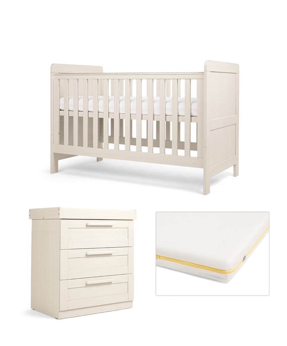 Atlas Nursery Furniture Set &amp; Essential Airflow Pocket Spring Cotbed Mattress Bundle - Stone