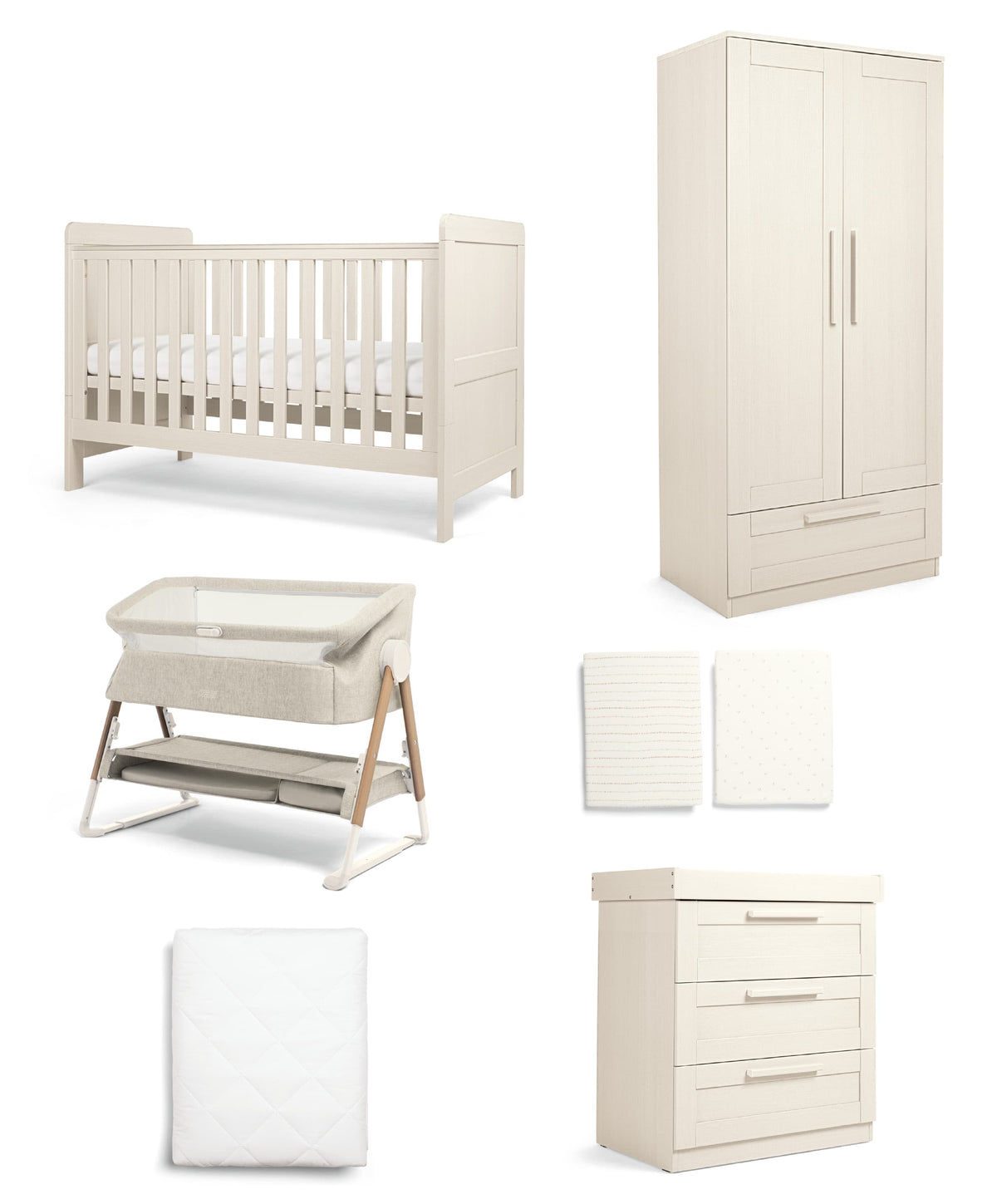Atlas Nursery Bundle with Lua Bedside Crib (6 Piece) – Stone