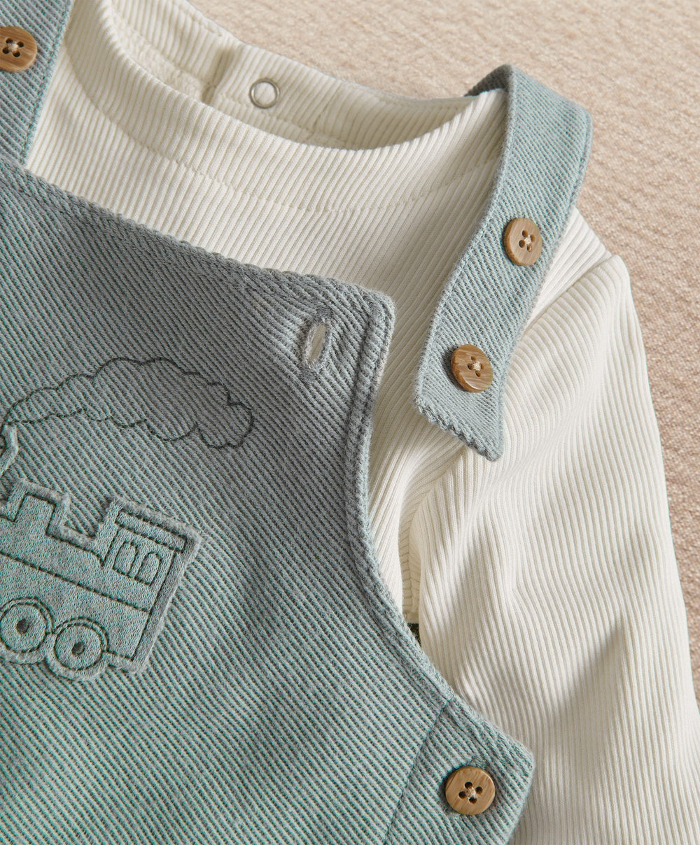 Train Embroidery Dungarees &amp; Long Sleeve Top