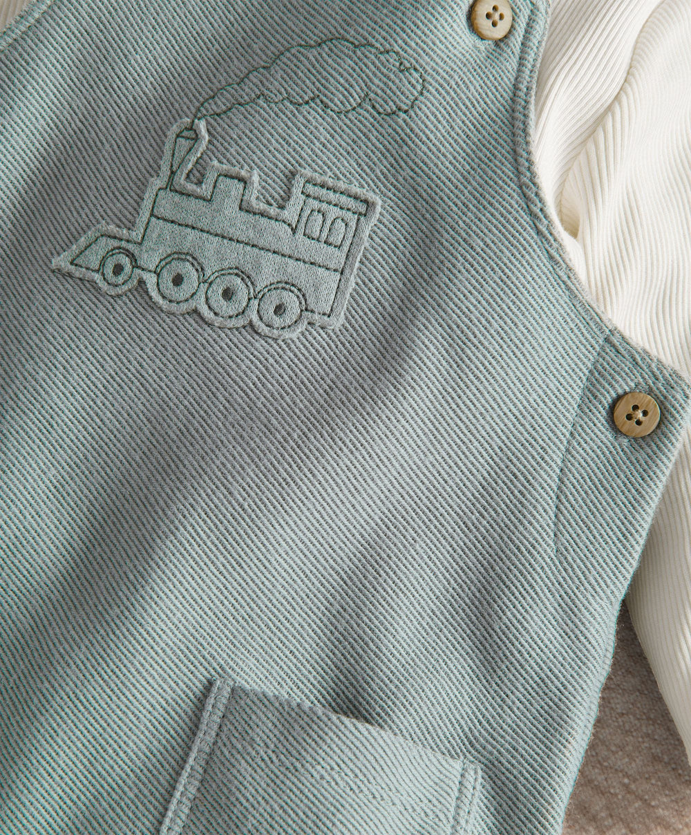 Train Embroidery Dungarees &amp; Long Sleeve Top
