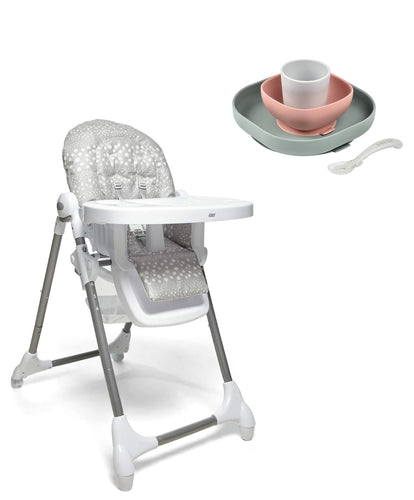 Beaba Snax Adjustable Grey Spot Highchair & Beaba Meal Set - Pink/Eucalyptus