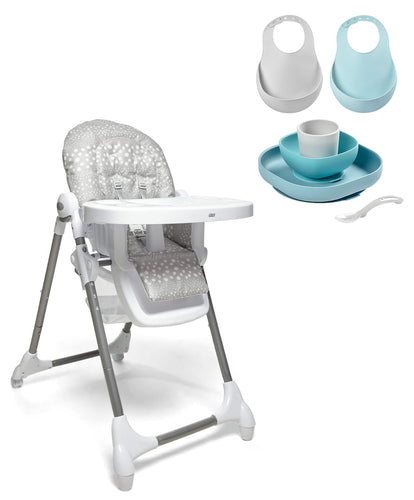 Beaba Snax Adjustable Grey Spot Highchair & Beaba Meal Set with Silicone Bibs - Jungle/Blue