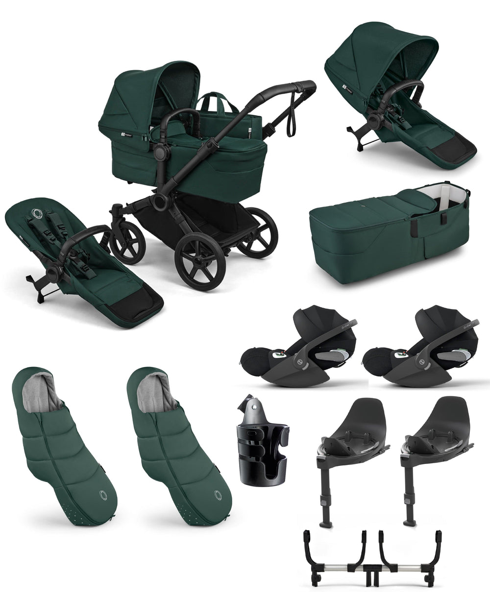 Bugaboo Donkey 6 Twin Essential Bundle With Cybex Cloud T+ i-Size Rotating Baby Car Seat (10 Pieces) - Fern Green