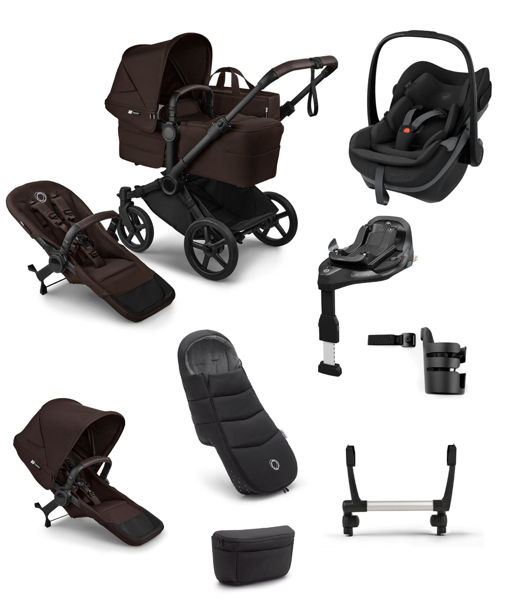 Bugaboo Pushchairs Bugaboo Donkey 6 Ultimate Double Pushchair with Maxi Cosi Pebble Slide Pro Car Seat &amp; Base (8 Pieces) - Cocoa Brown