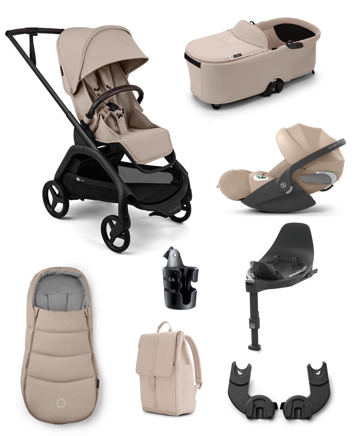 Bugaboo Pushchairs Bugaboo Dragonfly Plus Ultimate Pushchair Bundle with Cybex Cloud T+ i-Size Plus Rotating Baby Car Seat & Base (8 Pieces) - Desert Taupe