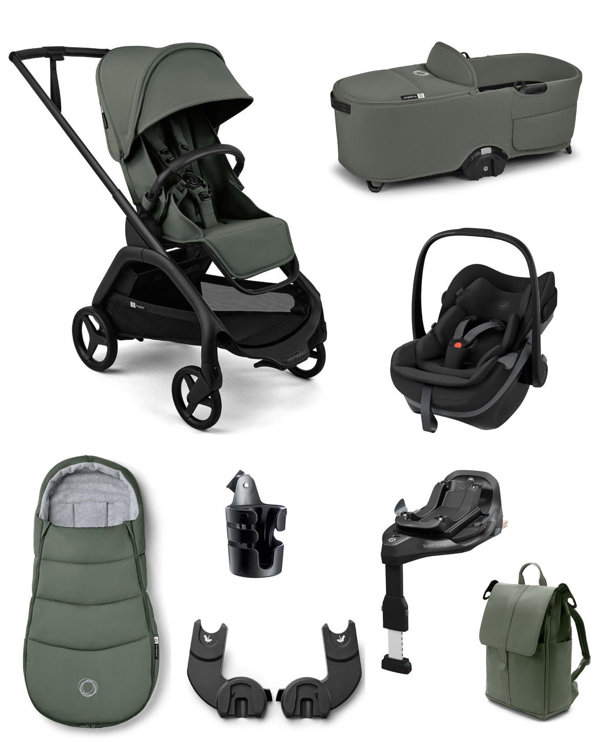 Bugaboo Pushchairs Bugaboo Dragonfly Plus Ultimate Pushchair Bundle with Maxi-Cosi Pebble Slide Pro Car Seat (8 Pieces) - Forrest Green