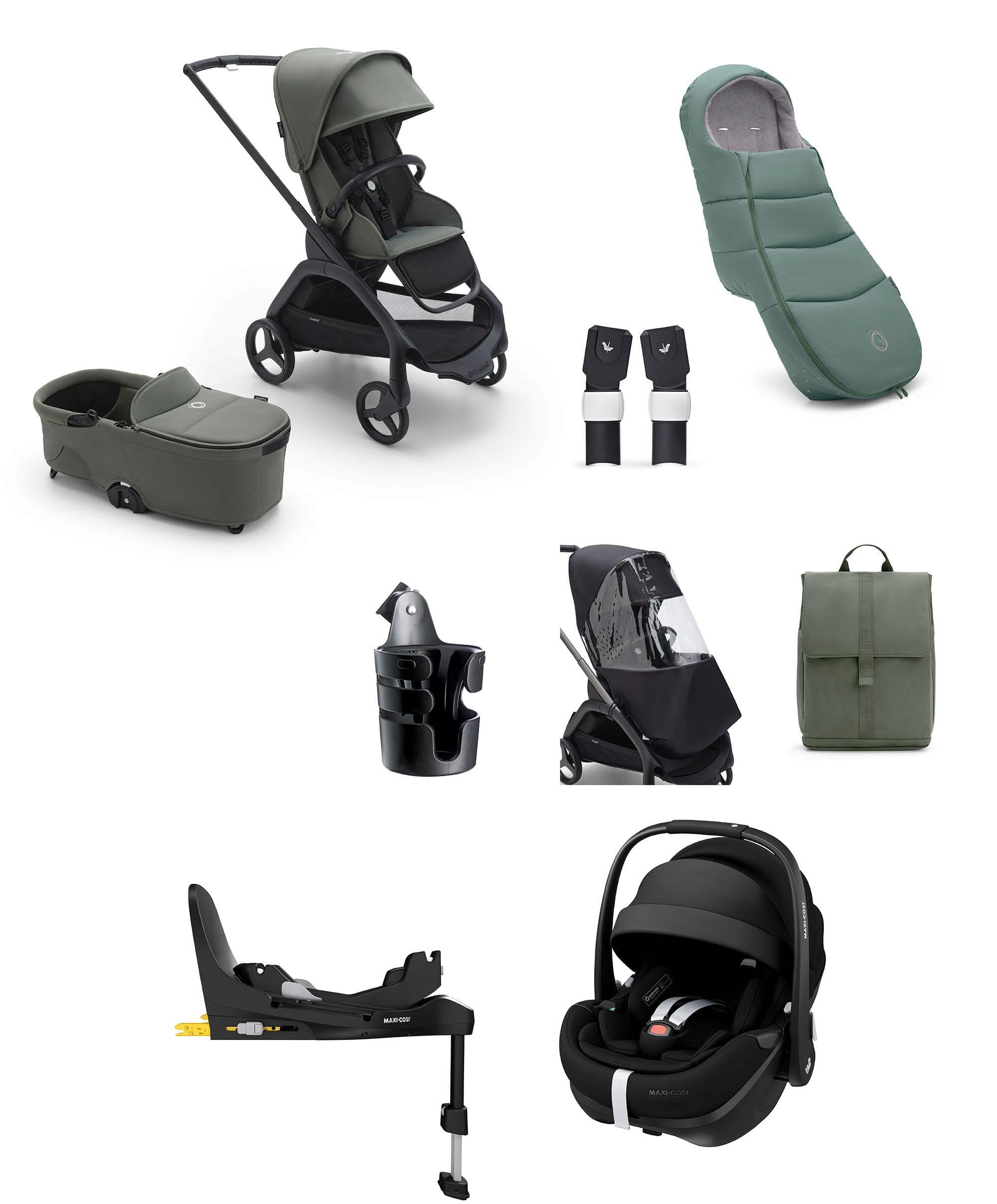 Bugaboo Dragonfly Ultimate 9 Piece Bundle with Maxi Cosi Pebble 360 Pro Car Seat Base Forest Green
