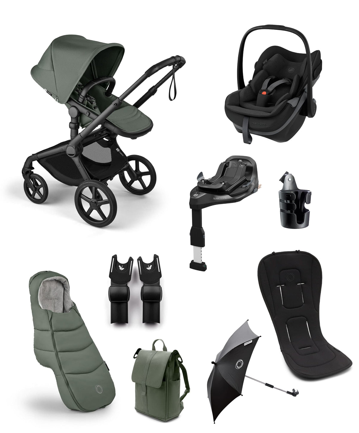 Bugaboo Pushchairs Bugaboo Fox 5 Renew Complete Pushchair Bundle with Maxi-Cosi Pebble Slide Pro Car Seat & Base (8 Pieces) - Forrest Green