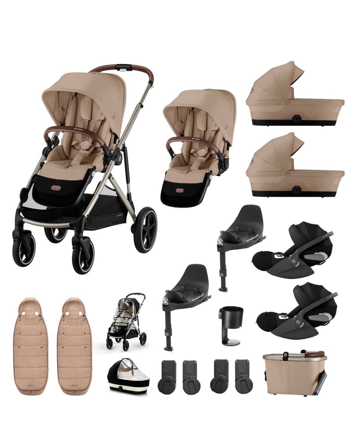 Cybex Cybex Gazelle S Twin Pushchair Bundle with Cybex Cloud T i-Size Rotating Baby Car Seat & Base (16 Pieces)- Almond Beige