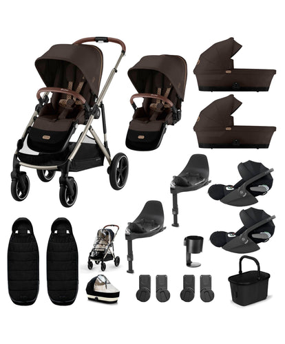 Cybex Cybex Gazelle S Twin Pushchair Bundle with Cybex Cloud T i-Size Rotating Baby Car Seat & Base (16 Pieces)- Chocolate Brown