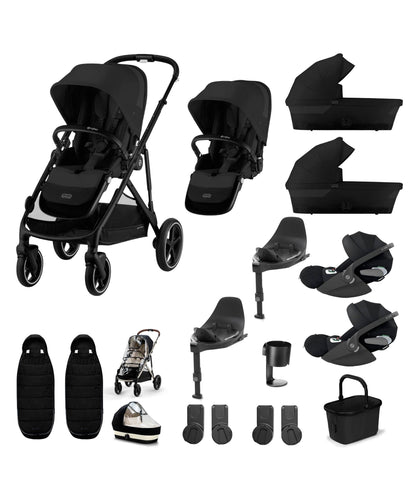 Cybex Cybex Gazelle S Twin Pushchair Bundle with Cybex Cloud T i-Size Rotating Baby Car Seat & Base (16 Pieces) - Moon Black