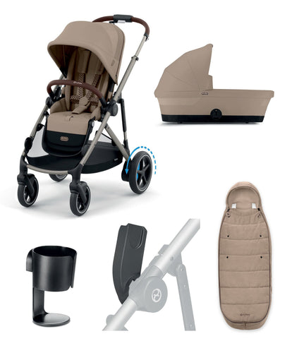 Cybex Pushchairs Cybex e-Gazelle S Electric Single to Double Pushchair Bundle (5 Pieces) - Almond Beige
