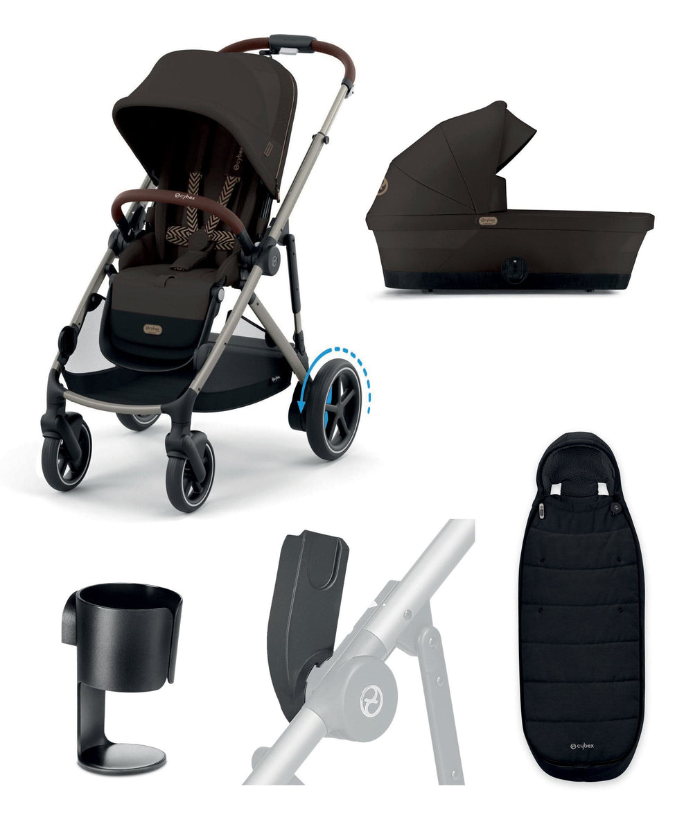 Cybex Pushchairs Cybex e-Gazelle S Electric Single to Double Pushchair Bundle (5 Pieces) - Chocolate Brown