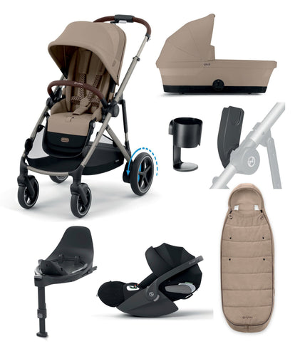 Cybex Pushchairs Cybex e-Gazelle S Electric Single to Double Pushchair Bundle with Cybex Cloud T i-Size Rotating Car Seat (7 Pieces) - Almond Beige