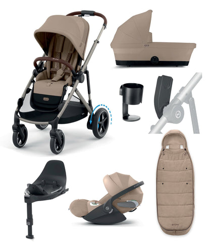 Cybex Pushchairs Cybex e-Gazelle S Electric Single to Double Pushchair Bundle with Cybex Cloud T+ i-Size Rotating Car Seat (7 Pieces) - Almond Beige/ Cozy Beige