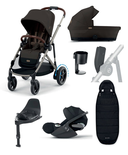Cybex Pushchairs Cybex e-Gazelle S Electric Single to Double Pushchair Bundle with Cybex Cloud T+ i-Size Rotating Car Seat (7 Pieces) - Chocolate Brown