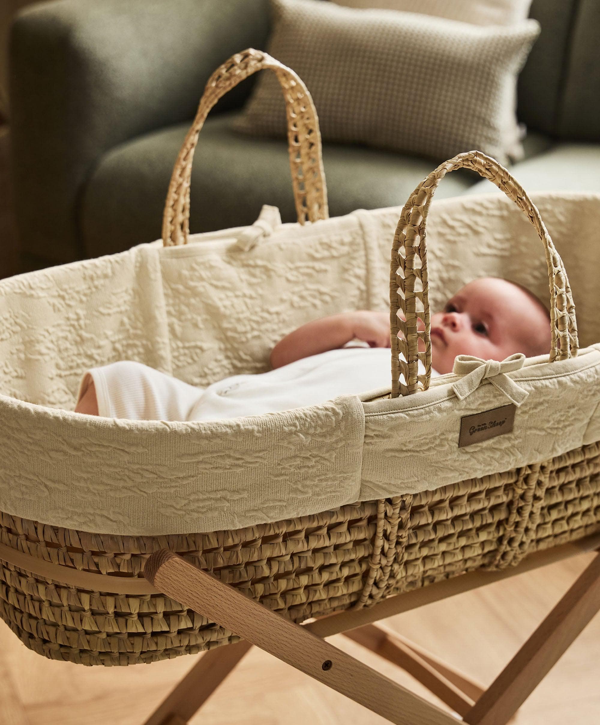 Baby Moses Basket  クーファン Little Green Sheep Furrow Knit Moses Basket & Mattress - Linen
