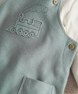 Mamas & Papas 2pc Set Train Embroidery Dungarees & Long Sleeve Top