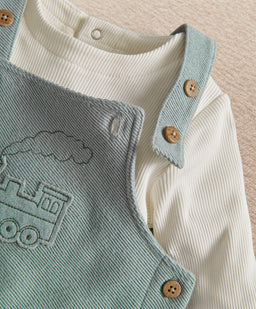 Mamas & Papas 2pc Set Train Embroidery Dungarees & Long Sleeve Top
