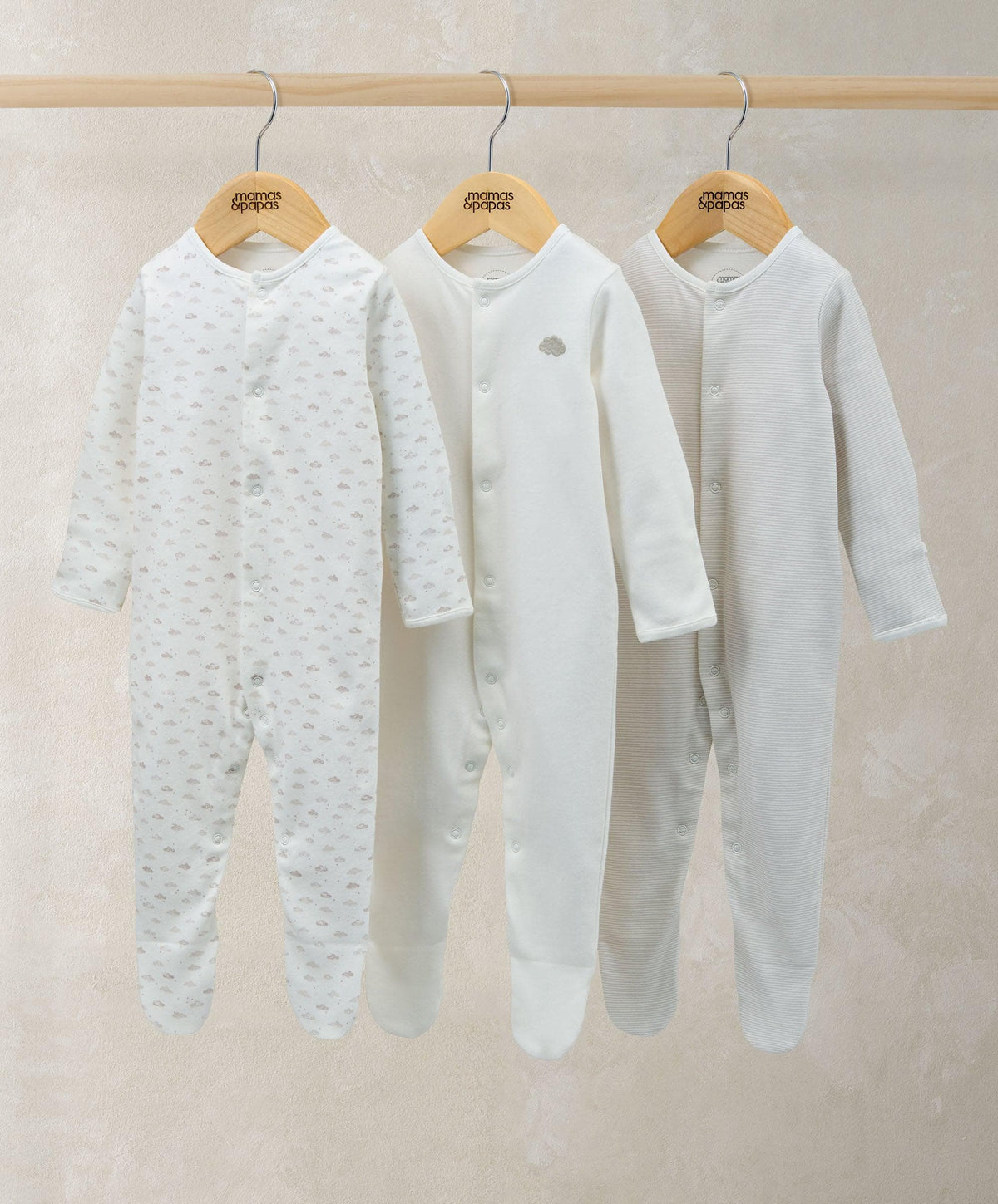 Mamas & Papas All-in-Ones & Bodysuits Sleepsuits (Pack of 3) - Cloud Stripe & Placement Prints