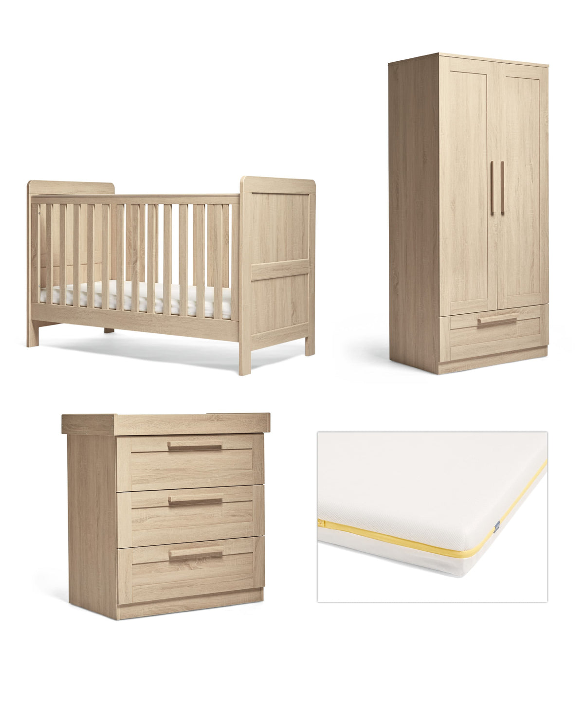 Mamas & Papas Atlas Nursery Furniture & Essential Airflow Pocket Spring Cotbed Mattress Bundle - Light Oak