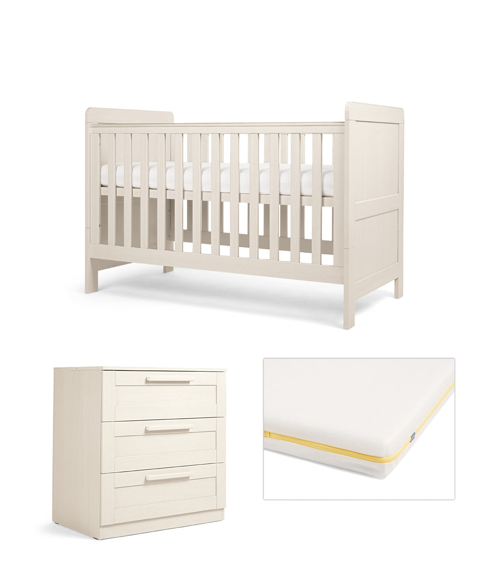Mamas &amp; Papas Atlas Nursery Furniture Set &amp; Essential Airflow Pocket Spring Cotbed Mattress Bundle - Stone