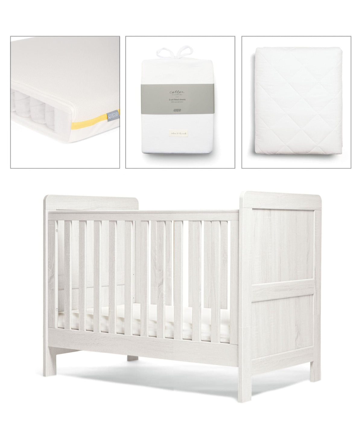 Mamas & Papas Atlas Small Cotbed Bundle with Essential Airflow Pocket Spring Mattress (4 Piece) - White