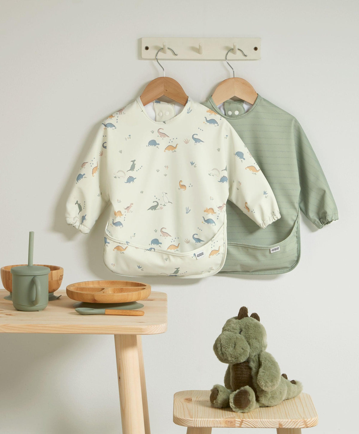 Mamas & Papas Baby Weaning Long-sleeved Bibs (2 Pack) - Dino Stripe