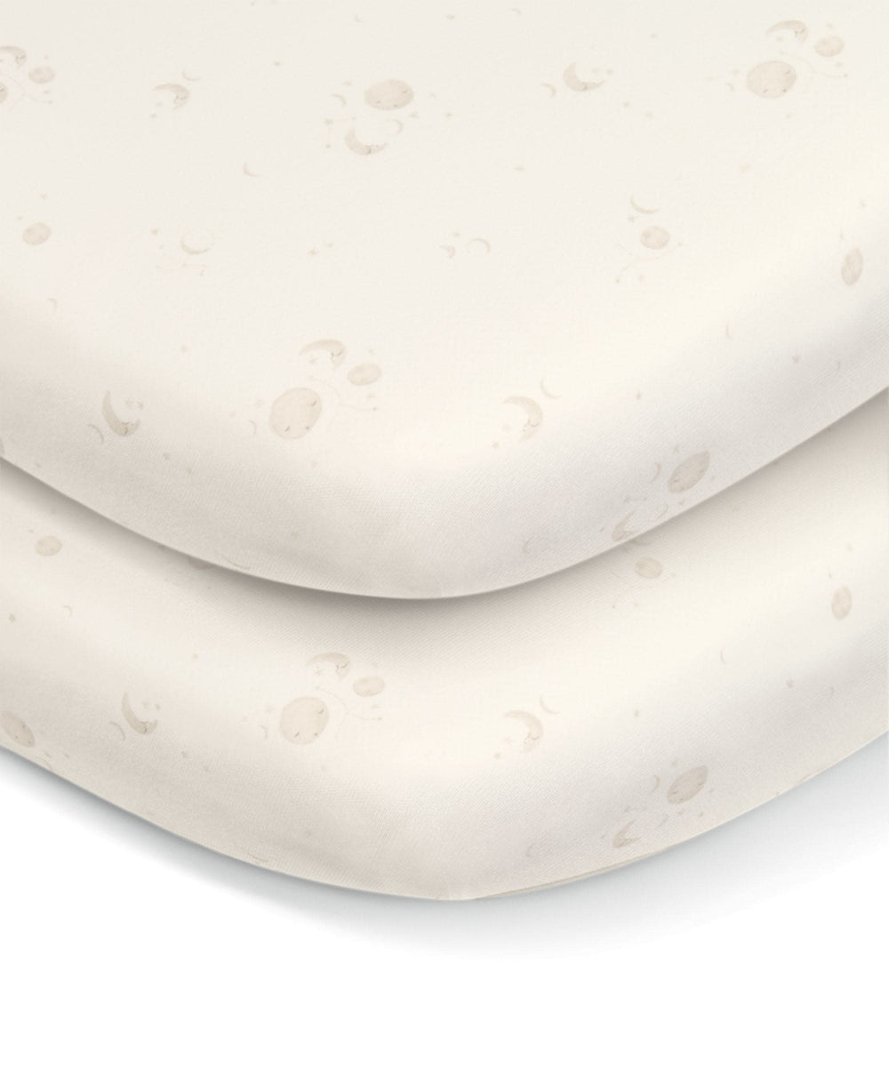 Mamas &amp; Papas Bedside Sleeping Lua 2 Bedside Crib Bundle with Cosmic Sheets &amp; Mattress Protector - Mocha