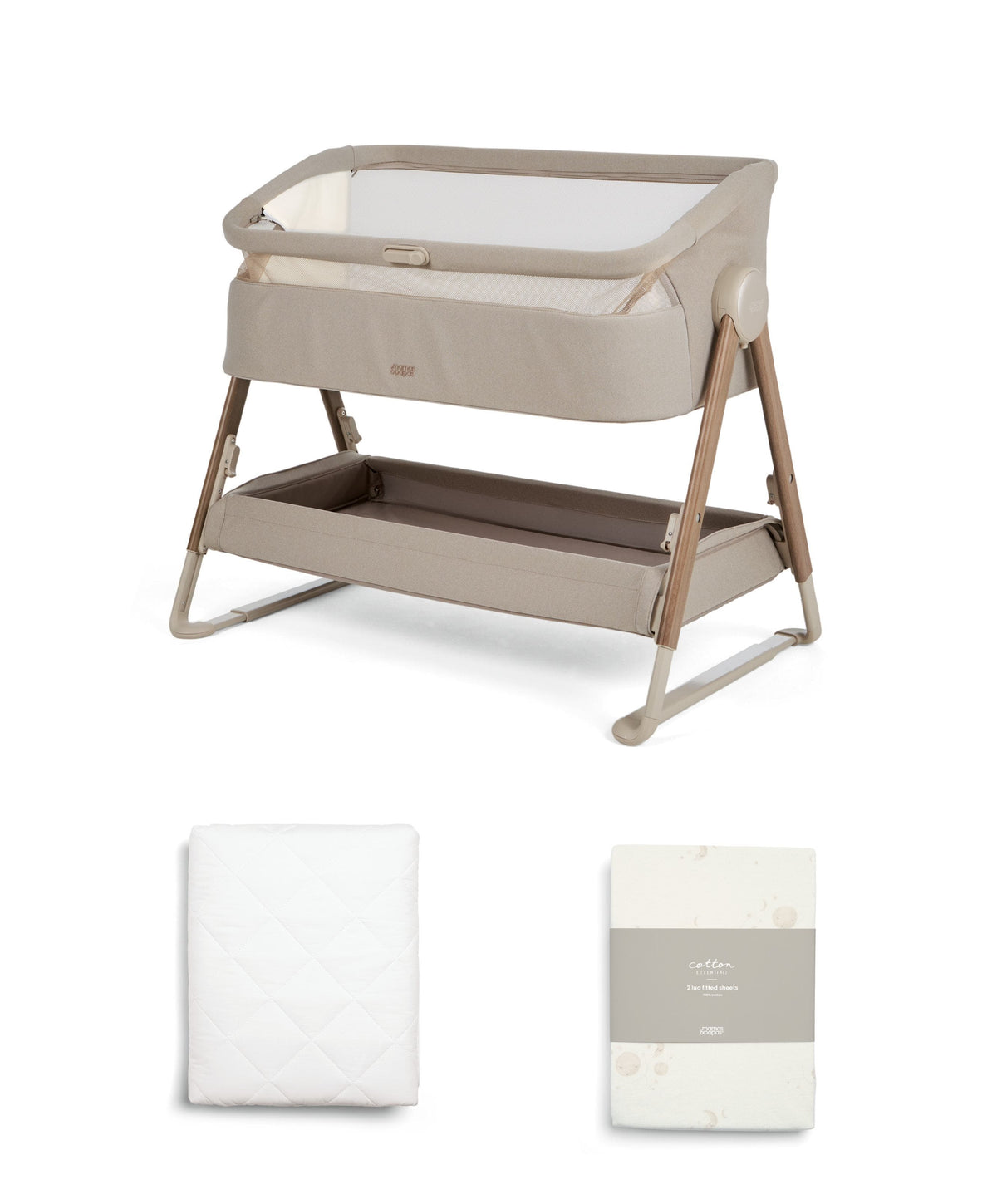 Mamas & Papas Bedside Sleeping Lua 2 Bedside Crib Bundle with Cosmic Sheets & Mattress Protector - Mocha