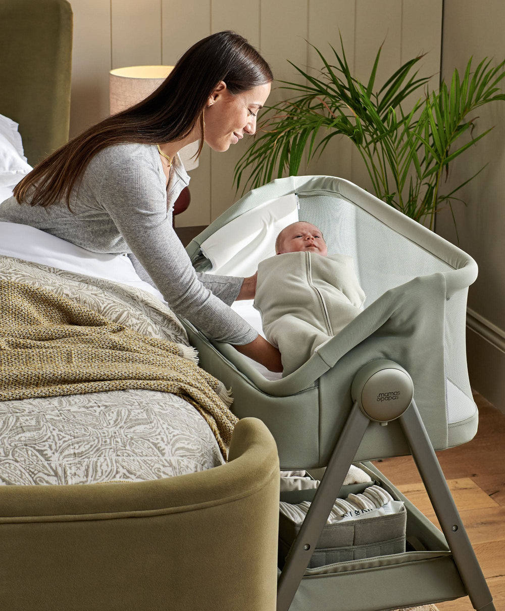Mamas &amp; Papas Bedside Sleeping Lua 2 Bedside Crib Bundle with Cosmic Sheets &amp; Mattress Protector - Thyme