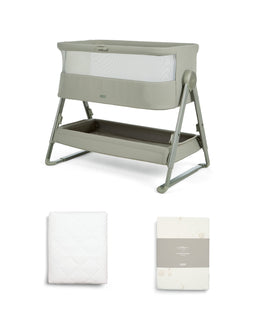 Mamas & Papas Bedside Sleeping Lua 2 Bedside Crib Bundle with Cosmic Sheets & Mattress Protector - Thyme