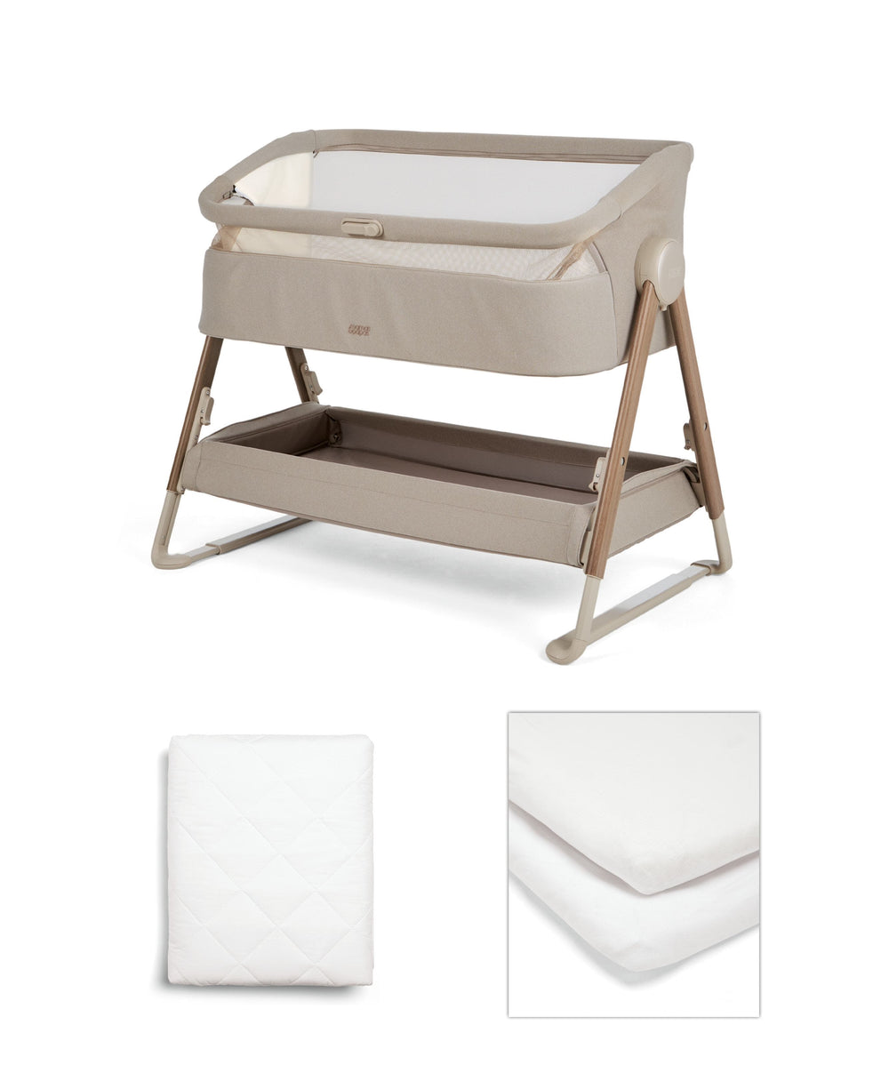 Mamas &amp; Papas Bedside Sleeping Lua 2 Bedside Crib Bundle with White Sheets &amp; Mattress Protector - Mocha