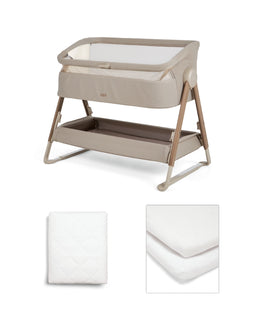 Mamas & Papas Bedside Sleeping Lua 2 Bedside Crib Bundle with White Sheets & Mattress Protector - Mocha