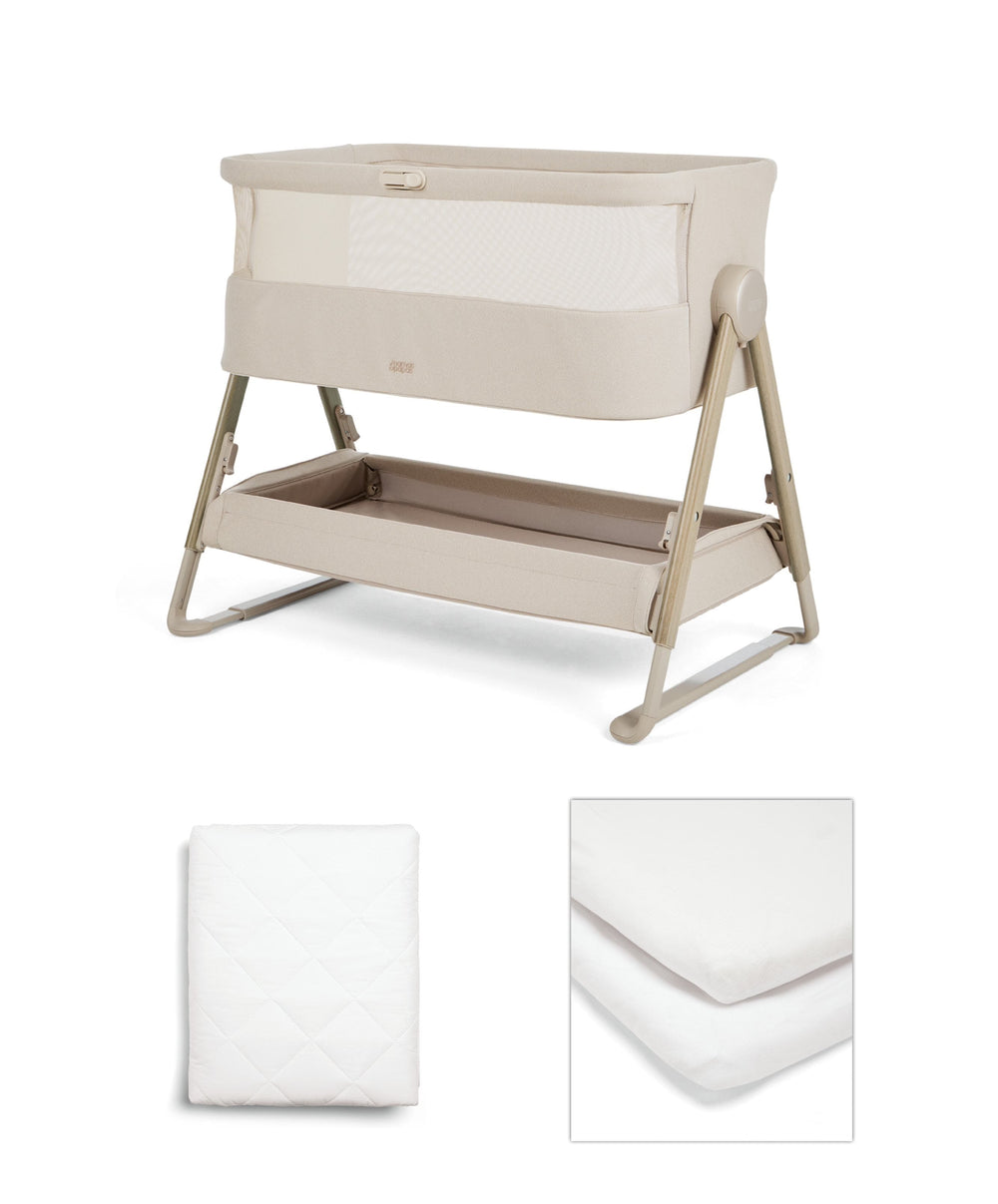 Mamas &amp; Papas Bedside Sleeping Lua 2 Bedside Crib Bundle with White Sheets &amp; Mattress Protector - Sand