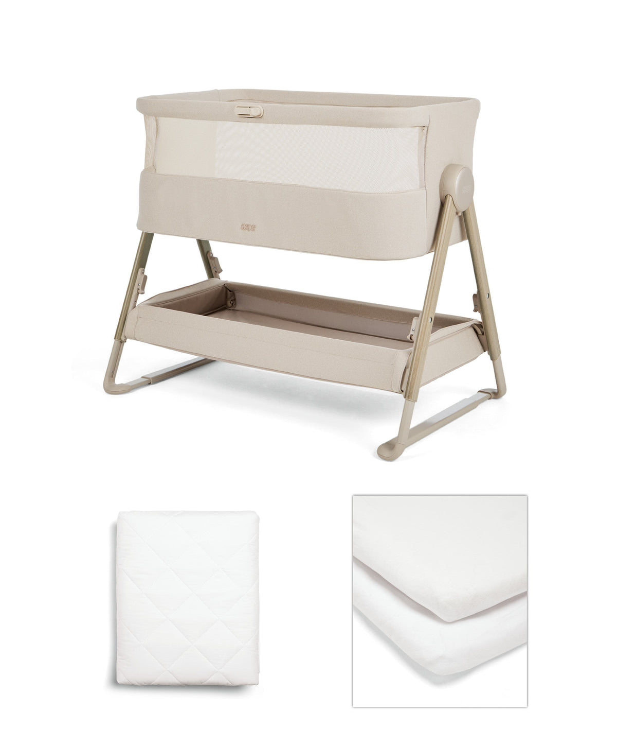 Mamas & Papas Bedside Sleeping Lua 2 Bedside Crib Bundle with White Sheets & Mattress Protector - Sand