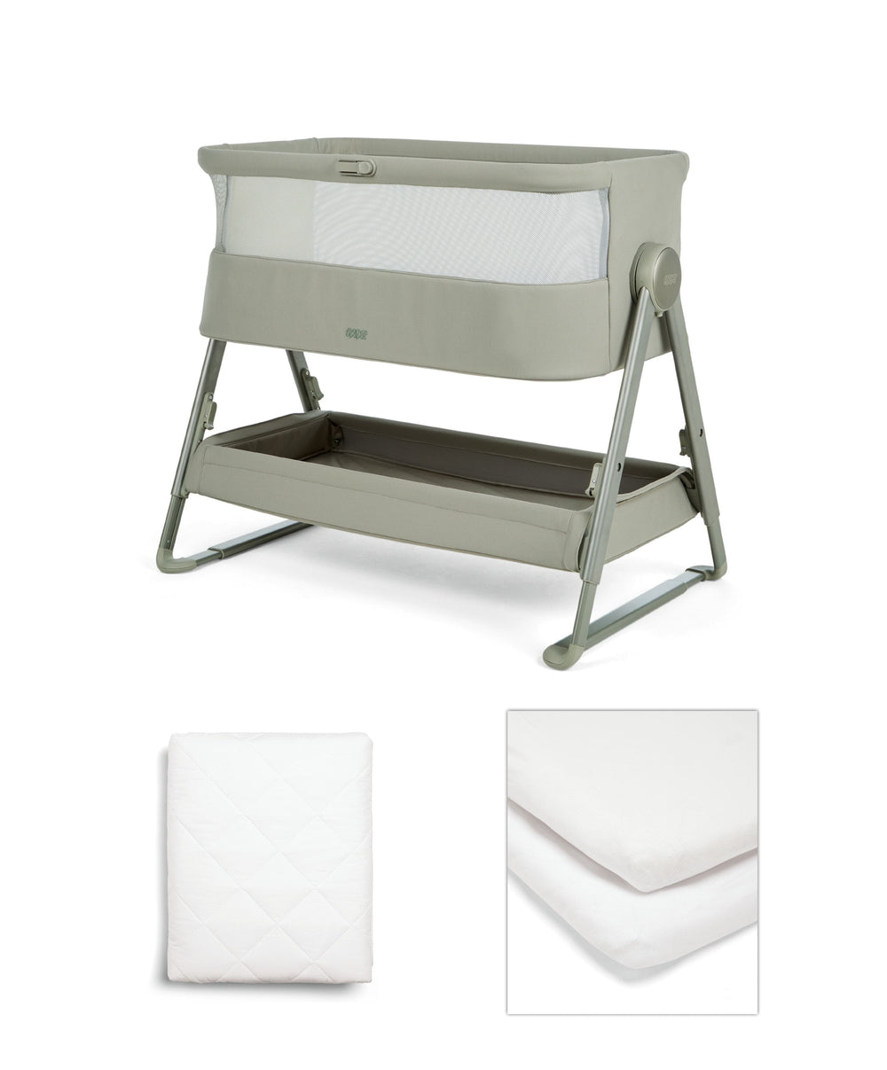 Mamas &amp; Papas Bedside Sleeping Lua 2 Bedside Crib Bundle with White Sheets &amp; Mattress Protector - Thyme