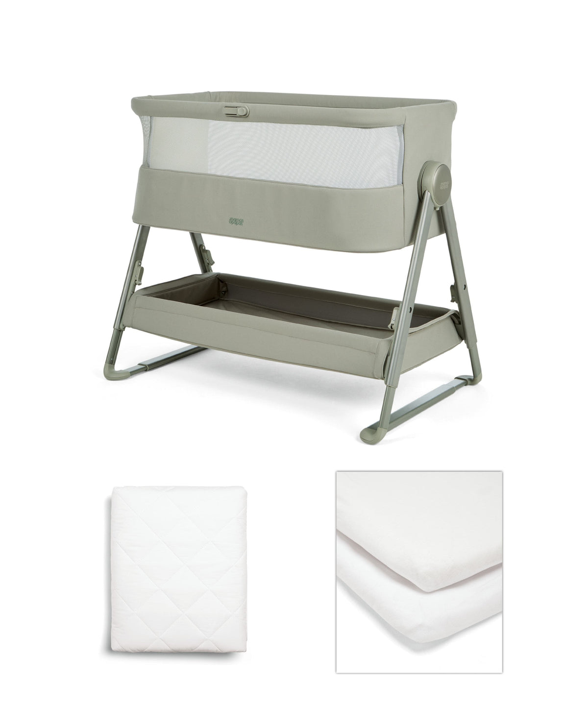 Mamas & Papas Bedside Sleeping Lua 2 Bedside Crib Bundle with White Sheets & Mattress Protector - Thyme