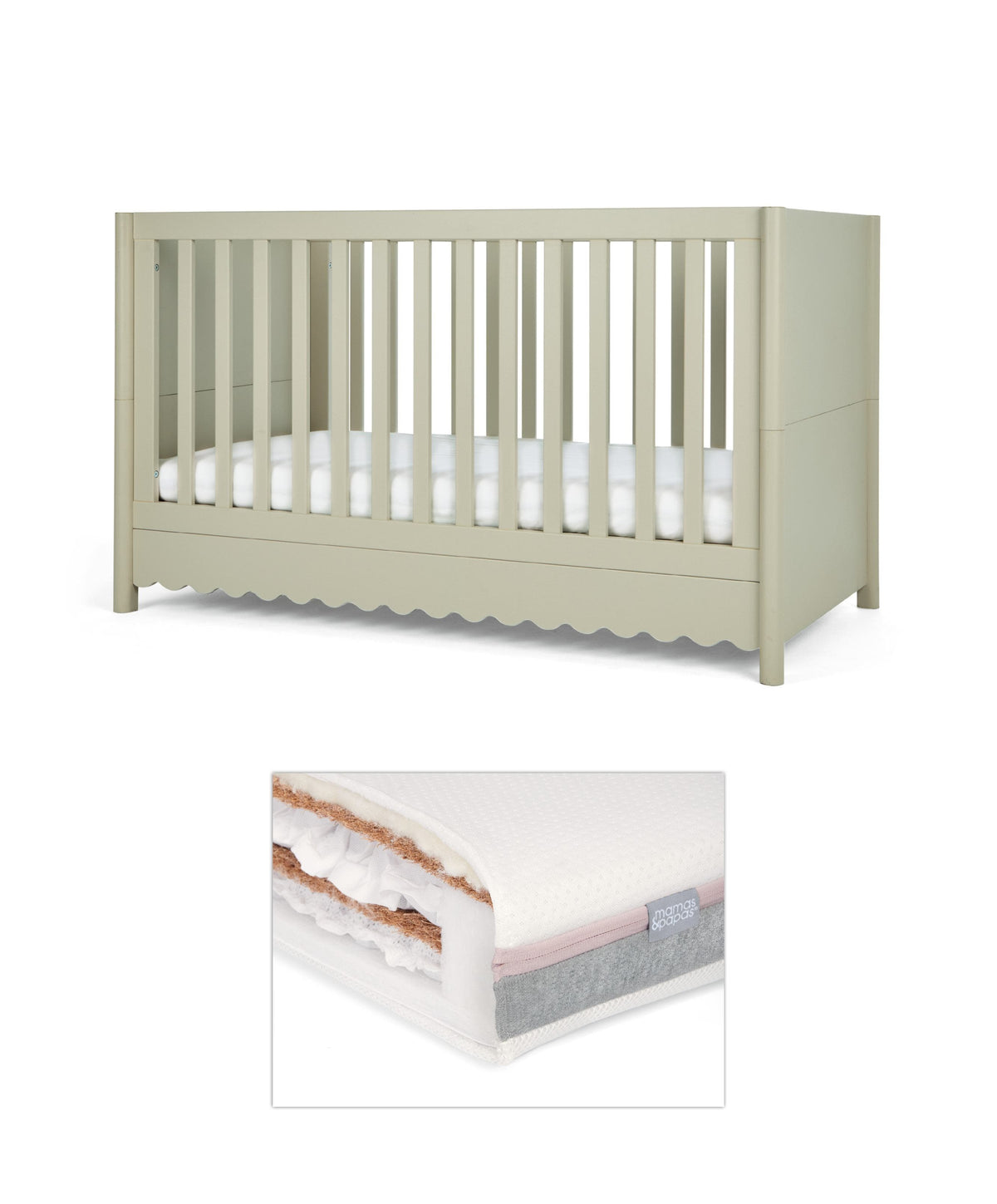 Mamas & Papas Cotbed Bundles Eryn Cotbed with Luxury Hybrid Twin Cotbed Mattress - Willow Green