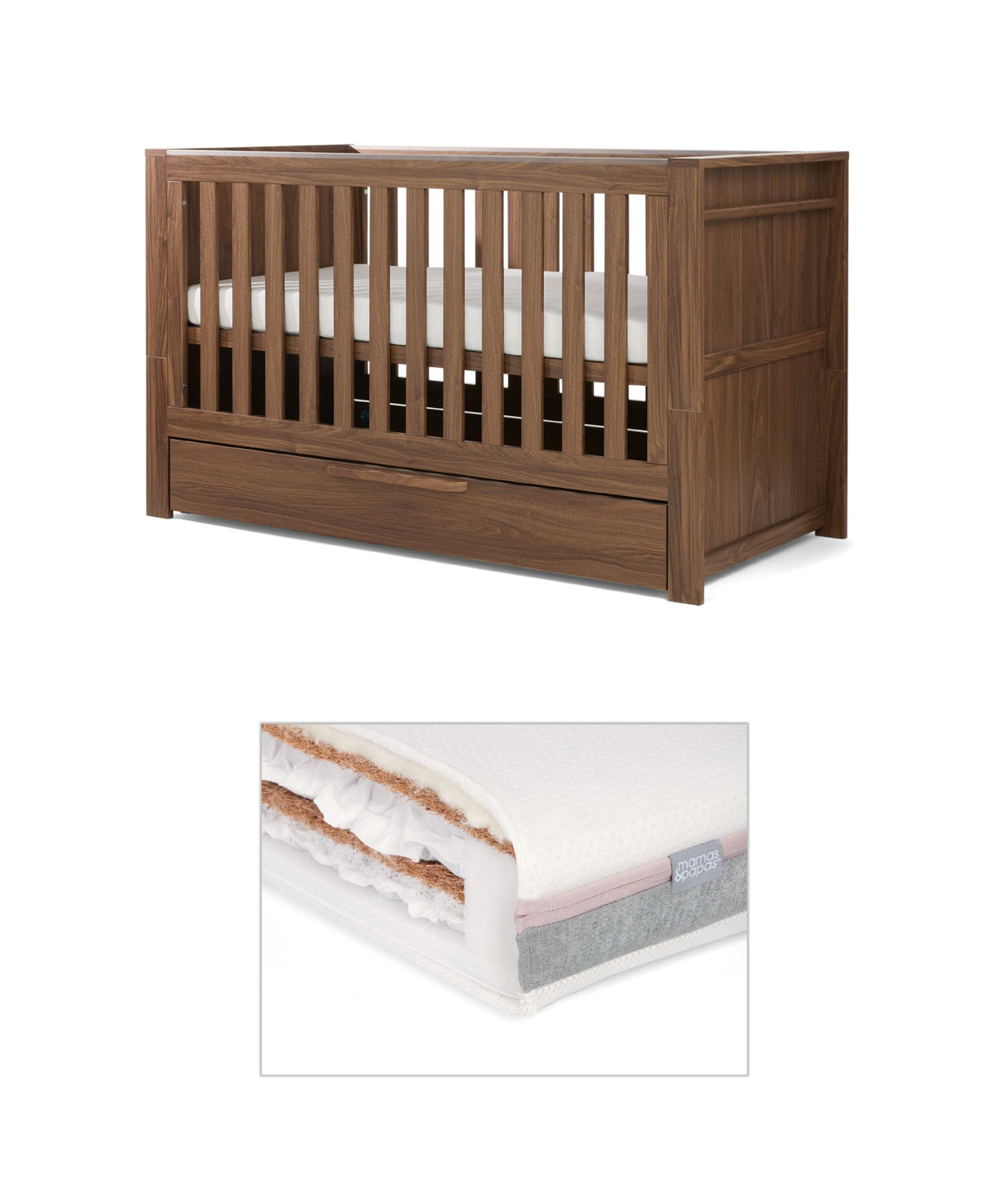Mamas & Papas Cotbed Bundles Franklin Cotbed with Luxury Hybrid Twin Cotbed Mattress - Walnut